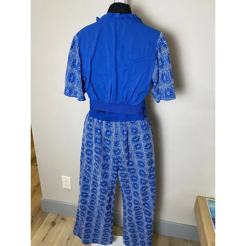 Solitaire Blue Eyelet Embroidered 2 Piece Crop Top Wide Leg Pants Boho Resort